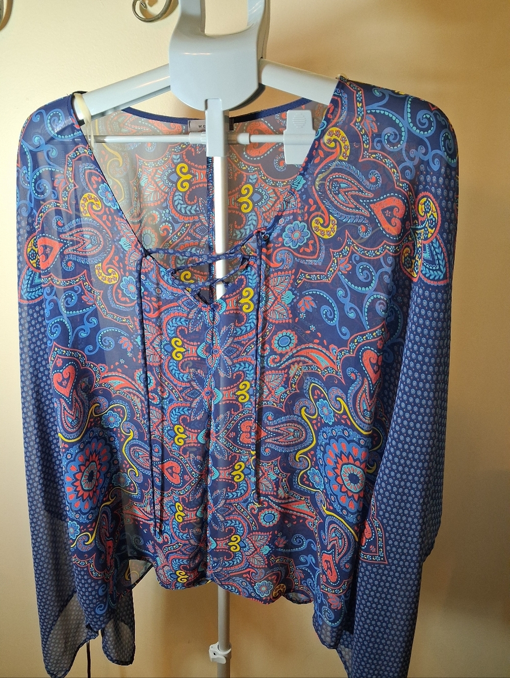 West Kei Navy Paisley Semi Sheer Lace-Up Poncho Cover Up